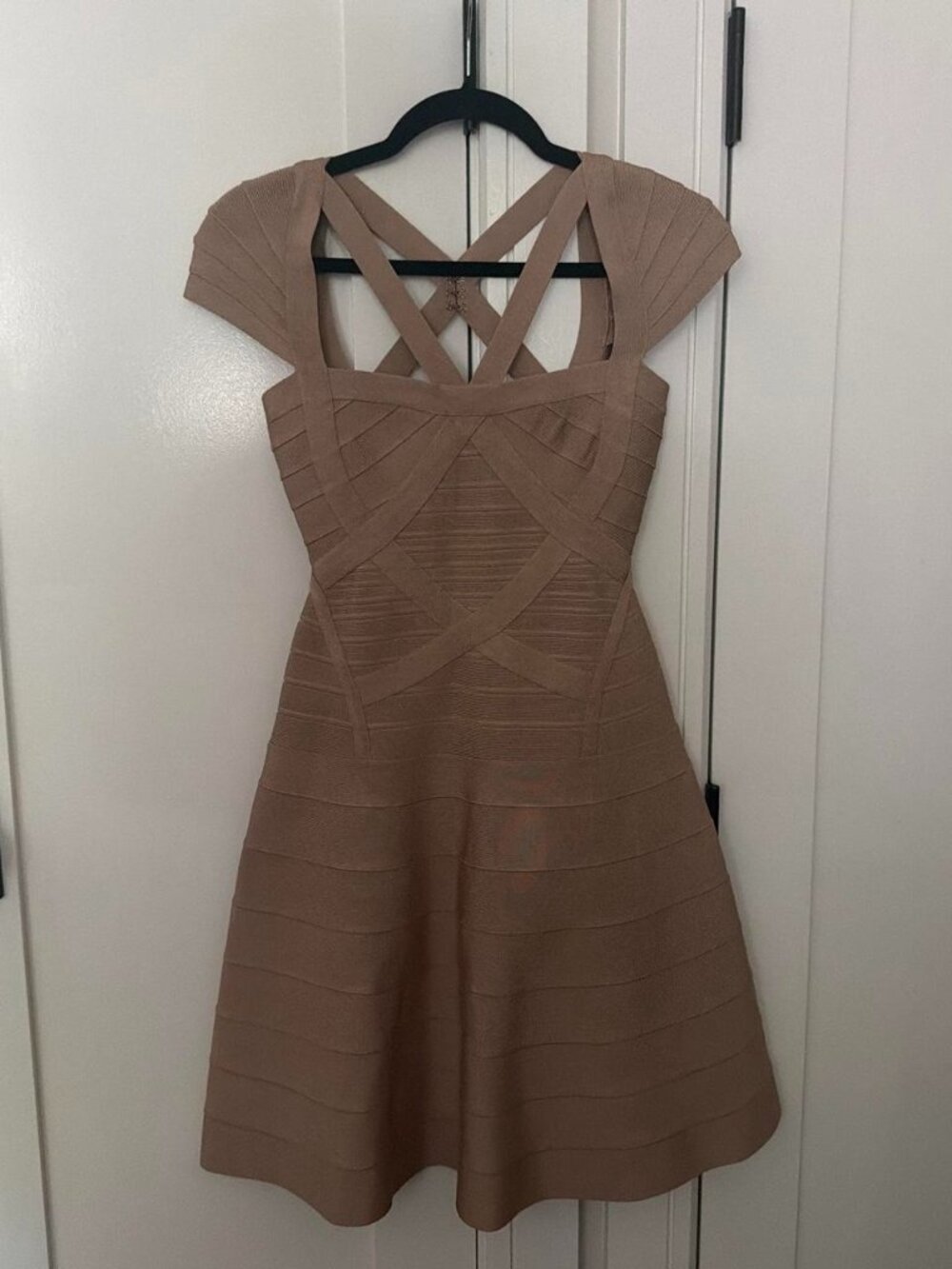 Tan Herve Leger mini dress with horizontal ribbed texture